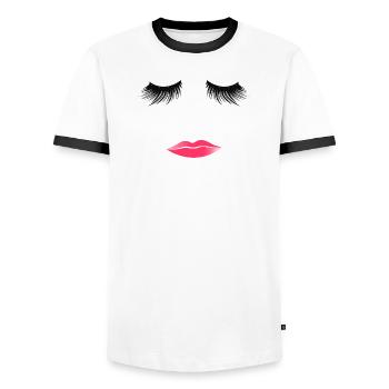 Woman's Face Eyelashes Kissing Lips Pink Lips - Men's Ringer Shirt - white/black - Front - AI Model Female 172 light (172cm) & AI Model Male 178 dark (178cm)
