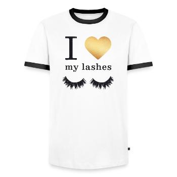 I love my Lashes - Men's Ringer Shirt - white/black - Front - AI Model Female 172 light (172cm) & AI Model Male 178 dark (178cm)