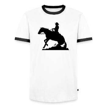 Westernreiten Mann - Männer Kontrast-T-Shirt - Weiß/Schwarz - Vorne - AI Model Female 172 light (172cm) & AI Model Male 178 dark (178cm)