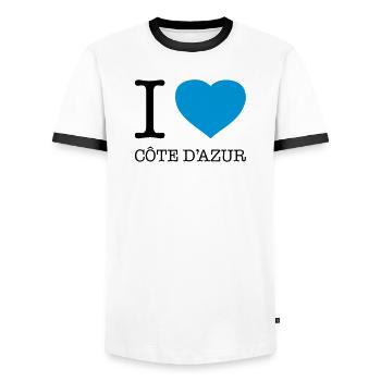 I LOVE COTE D’AZUR France Frankreich - T-shirt contrasté Homme - blanc/noir - Devant - AI Model Female 172 light (172cm) & AI Model Male 178 dark (178cm)