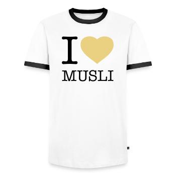 I LOVE MUSLI Müsli - Männer Kontrast-T-Shirt - Weiß/Schwarz - Vorne - AI Model Female 172 light (172cm) & AI Model Male 178 dark (178cm)
