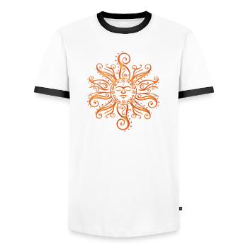 Tribal Sonne. Mittsommer, Sommer Festival. - Männer Kontrast-T-Shirt - Weiß/Schwarz - Vorne - AI Model Female 172 light (172cm) & AI Model Male 178 dark (178cm)