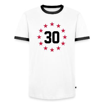 30 years - Men's Ringer Shirt - white/black - Front - AI Model Female 172 light (172cm) & AI Model Male 178 dark (178cm)