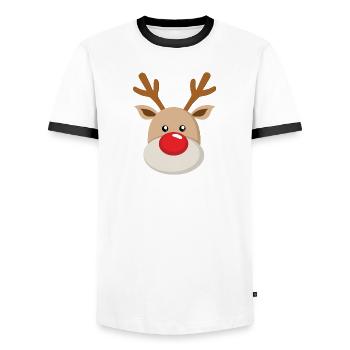 Reindeer Rudolf Face Sweet Red Nose Antlers - Men's Ringer Shirt - white/black - Front - AI Model Female 172 light (172cm) & AI Model Male 178 dark (178cm)