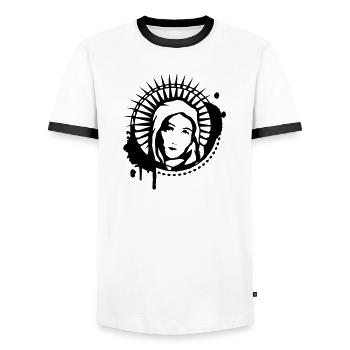 Holy Mary portrait graffiti stencil - Men's Ringer Shirt - white/black - Front - AI Model Female 172 light (172cm) & AI Model Male 178 dark (178cm)