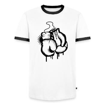 Two boxing gloves in graffiti style - Men's Ringer Shirt - white/black - Front - AI Model Female 172 light (172cm) & AI Model Male 178 dark (178cm)