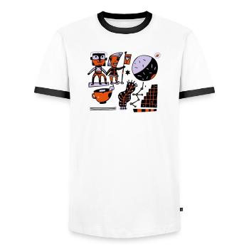 Mondraum-Charaktere: Kunterbunte Astronauten - Männer Kontrast-T-Shirt - Weiß/Schwarz - Vorne - AI Model Female 172 light (172cm) & AI Model Male 178 dark (178cm)
