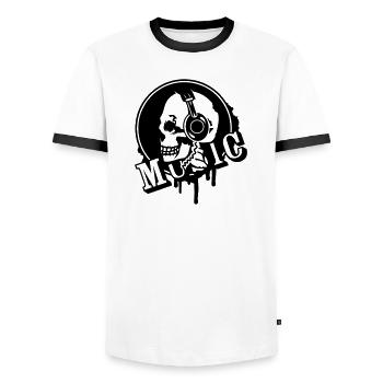 A skull with headphone in profile - Men's Ringer Shirt - white/black - Front - AI Model Female 172 light (172cm) & AI Model Male 178 dark (178cm)