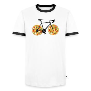 Pizza Bicycle Funny Delivery Rider T Shirt - Men's Ringer Shirt - white/black - Front - AI Model Female 172 light (172cm) & AI Model Male 178 dark (178cm)
