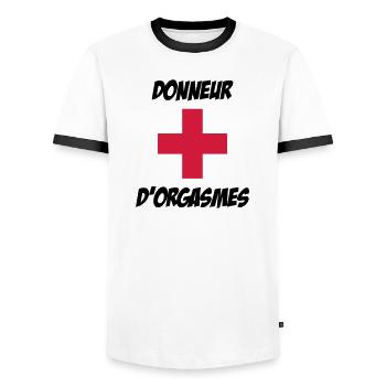 Donneur d'orgasmes ! - T-shirt contrasté Homme - blanc/noir - Devant - AI Model Female 172 light (172cm) & AI Model Male 178 dark (178cm)