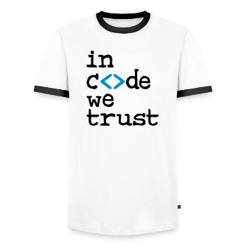 in code we trust ! - T-shirt contrasté Homme - blanc/noir - Devant - AI Model Female 172 light (172cm) & AI Model Male 178 dark (178cm)