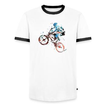 BMX Bike Gift - BMX Bike Freestyle - Men's Ringer Shirt - white/black - Front - AI Model Female 172 light (172cm) & AI Model Male 178 dark (178cm)