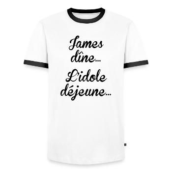 James dîne, l'idole déjeune - T-shirt contrasté Homme - blanc/noir - Devant - AI Model Female 172 light (172cm) & AI Model Male 178 dark (178cm)