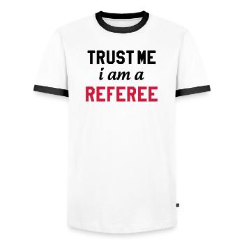 Referee - Schiedsrichter Arbitre - Sport - Match - T-shirt contrasté Homme - blanc/noir - Devant - AI Model Female 172 light (172cm) & AI Model Male 178 dark (178cm)