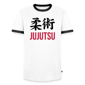 Jujutsu / Ju-jitsu / Jūjutsu / Kampfkünste / Kampf - Männer Kontrast-T-Shirt - Weiß/Schwarz - Vorne - AI Model Female 172 light (172cm) & AI Model Male 178 dark (178cm)