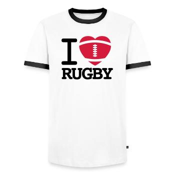I love Rugby - Men's Ringer Shirt - white/black - Front - AI Model Female 172 light (172cm) & AI Model Male 178 dark (178cm)