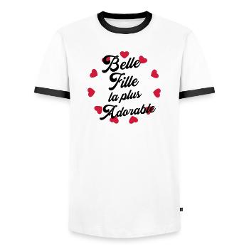 belle-fille / beau-fils / beau fils / belle fille - T-shirt contrasté Homme - blanc/noir - Devant - AI Model Female 172 light (172cm) & AI Model Male 178 dark (178cm)