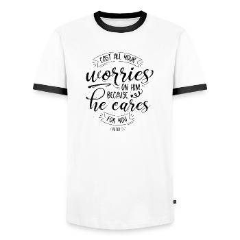 He Cares For You - Männer Kontrast-T-Shirt - Weiß/Schwarz - Vorne - AI Model Female 172 light (172cm) & AI Model Male 178 dark (178cm)