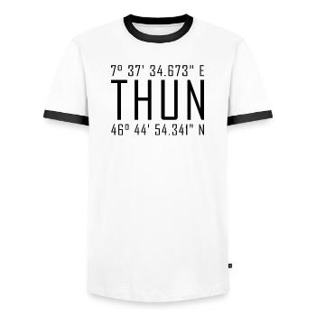 Thun Coordinates – Typography with Local Reference Besch - Men's Ringer Shirt - white/black - Front - AI Model Female 172 light (172cm) & AI Model Male 178 dark (178cm)