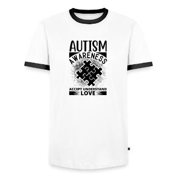 Vibrant pattern on elegant fabric - Men's Ringer Shirt - white/black - Front - AI Model Female 172 light (172cm) & AI Model Male 178 dark (178cm)