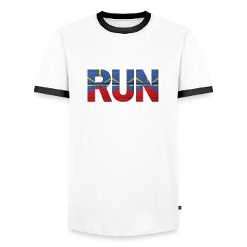 Run île de la Réunion drapeau - T-shirt contrasté Homme - blanc/noir - Devant - AI Model Female 172 light (172cm) & AI Model Male 178 dark (178cm)
