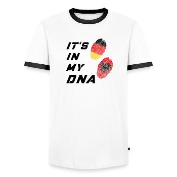 In my DNA Germany and Albania / present - Men's Ringer Shirt - white/black - Front - AI Model Female 172 light (172cm) & AI Model Male 178 dark (178cm)