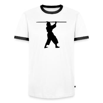 Kobudo with long bo above the head shadow figure - Men's Ringer Shirt - white/black - Front - AI Model Female 172 light (172cm) & AI Model Male 178 dark (178cm)