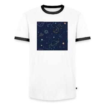 Kosmischer Dschungel mit Planeten und Sternen - Männer Kontrast-T-Shirt - Weiß/Schwarz - Vorne - AI Model Female 172 light (172cm) & AI Model Male 178 dark (178cm)