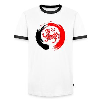 Shotokan tiger in zen sign - Men's Ringer Shirt - white/black - Front - AI Model Female 172 light (172cm) & AI Model Male 178 dark (178cm)