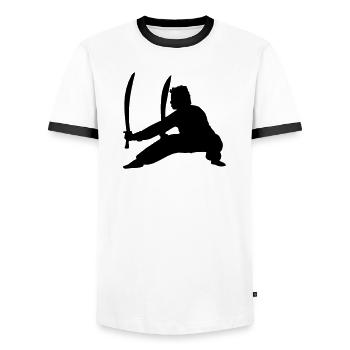 Kung Fu Praktizierender mit zwei Schwertern - Männer Kontrast-T-Shirt - Weiß/Schwarz - Vorne - AI Model Female 172 light (172cm) & AI Model Male 178 dark (178cm)