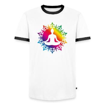 radiant colorful yoga mandala with silhouette - Men's Ringer Shirt - white/black - Front - AI Model Female 172 light (172cm) & AI Model Male 178 dark (178cm)