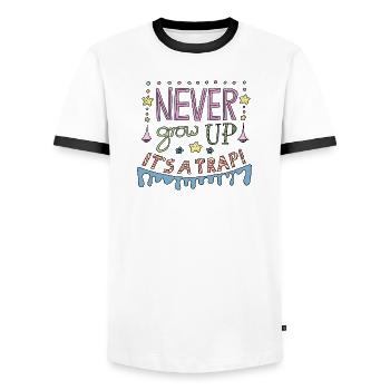 Never Grow Up It´s a Falle cooler lustiger Spruch - Männer Kontrast-T-Shirt - Weiß/Schwarz - Vorne - AI Model Female 172 light (172cm) & AI Model Male 178 dark (178cm)