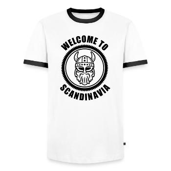 Vikings Logo Welcome to Scandinavia - Men's Ringer Shirt - white/black - Front - AI Model Female 172 light (172cm) & AI Model Male 178 dark (178cm)