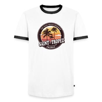 Saint-Tropez France Vintage Beach Design - T-shirt contrasté Homme - blanc/noir - Devant - AI Model Female 172 light (172cm) & AI Model Male 178 dark (178cm)