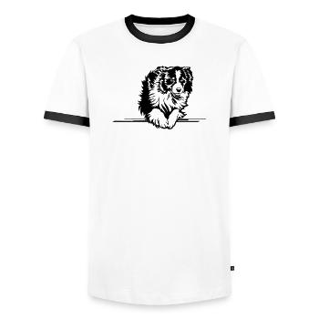 Australian Shepherd - T-shirt contrasté Homme - blanc/noir - Devant - AI Model Female 172 light (172cm) & AI Model Male 178 dark (178cm)