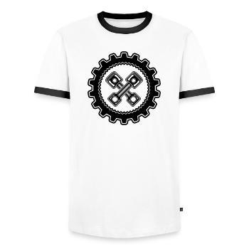 Crossed pistons with gear for proud mechanics - Men's Ringer Shirt - white/black - Front - AI Model Female 172 light (172cm) & AI Model Male 178 dark (178cm)