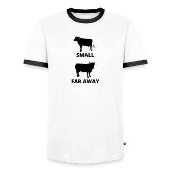 Small Cow Far Away T-Shirt Funny Father Ted Dougal - Men's Ringer Shirt - white/black - Front - AI Model Female 172 light (172cm) & AI Model Male 178 dark (178cm)