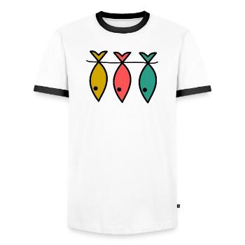 FISH. FISHING. FISHERMAN. BOAT. RETIREMENT. FEAST - Men's Ringer Shirt - white/black - Front - AI Model Female 172 light (172cm) & AI Model Male 178 dark (178cm)