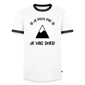 JE PEUX PAS. SKIER. SKI. RAQUETTE. SNOW. SNOWBOARD - T-shirt contrasté Homme - blanc/noir - Devant - AI Model Female 172 light (172cm) & AI Model Male 178 dark (178cm)