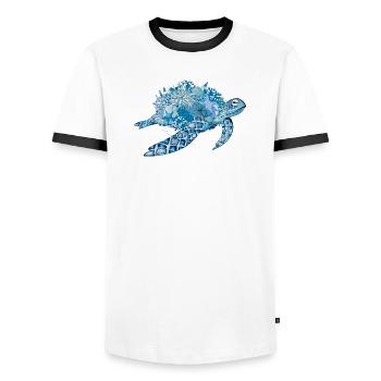 imaginative blue turtle with corals - Men's Ringer Shirt - white/black - Front - AI Model Female 172 light (172cm) & AI Model Male 178 dark (178cm)