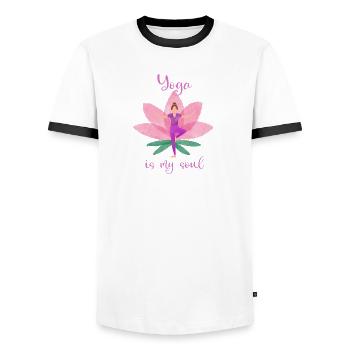 Yoga - Männer Kontrast-T-Shirt - Weiß/Schwarz - Vorne - AI Model Female 172 light (172cm) & AI Model Male 178 dark (178cm)