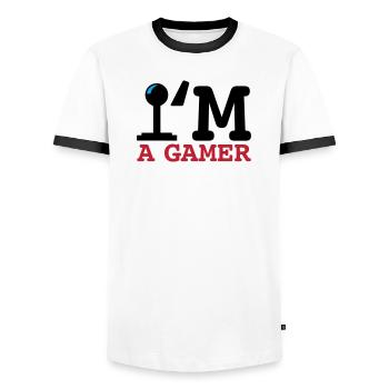 A Gamer Bold Typography - Men's Ringer Shirt - white/black - Front - AI Model Female 172 light (172cm) & AI Model Male 178 dark (178cm)