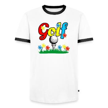 Bâton de golf et balle sur la pelouse avec des fleurs - T-shirt contrasté Homme - blanc/noir - Devant - AI Model Female 172 light (172cm) & AI Model Male 178 dark (178cm)