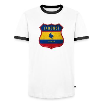 Écusson Jamundi Colombia - T-shirt contrasté Homme - blanc/noir - Devant - AI Model Female 172 light (172cm) & AI Model Male 178 dark (178cm)