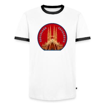 Gaudí Sagrada Família Patch - Men's Ringer Shirt - white/black - Front - AI Model Female 172 light (172cm) & AI Model Male 178 dark (178cm)