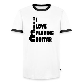 I love playing guitar for guitarists * - Men's Ringer Shirt - white/black - Front - AI Model Female 172 light (172cm) & AI Model Male 178 dark (178cm)