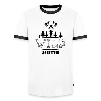 wild lifestyle outdoor survival bushcraft Wald - Männer Kontrast-T-Shirt - Weiß/Schwarz - Vorne - AI Model Female 172 light (172cm) & AI Model Male 178 dark (178cm)