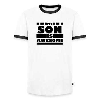 Mein Sohn Spruch für den Vater lustig - Männer Kontrast-T-Shirt - Weiß/Schwarz - Vorne - AI Model Female 172 light (172cm) & AI Model Male 178 dark (178cm)