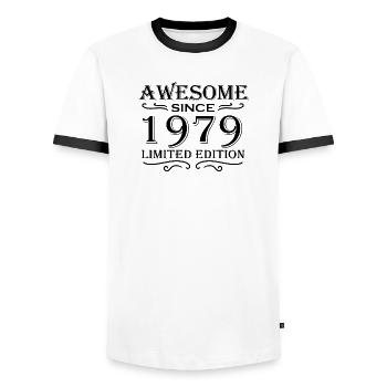 1979 - Born 1979 - Men's Ringer Shirt - white/black - Front - AI Model Female 172 light (172cm) & AI Model Male 178 dark (178cm)