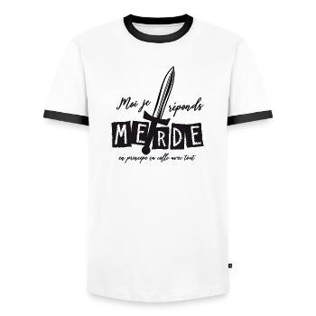 Moi j'réponds Merde en principe ça colle avec tout - T-shirt contrasté Homme - blanc/noir - Devant - AI Model Female 172 light (172cm) & AI Model Male 178 dark (178cm)